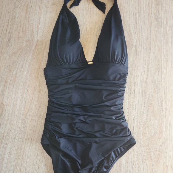 Vitoria's Secret One-Piece Halter-Neck Ruched Shaping Swimsuit Bra-Padded Black - Picture 3 of 7